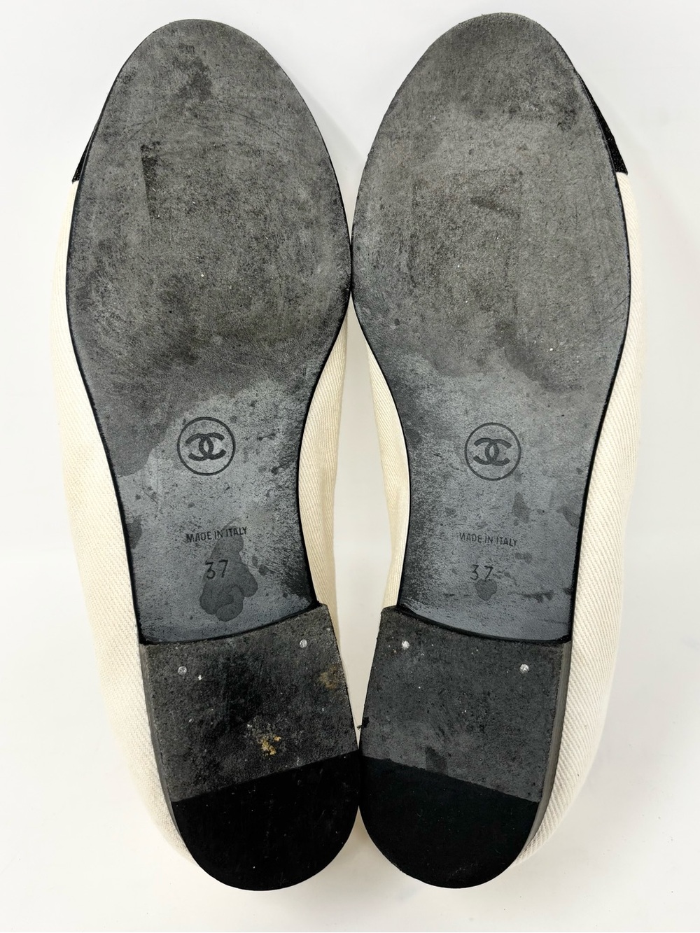 CHANEL Two Tone Ballet Flats Ivory Black Denim Cap Toe size 37 6-6.5 - Picture 15 of 15